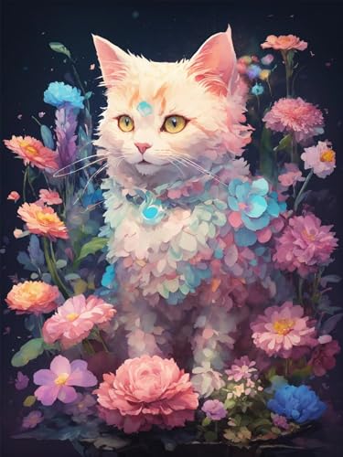 Diamond Painting Erwachsene, DIY Diamant Painting Bilder Katze, Vollbohrer Blume Diamant Malerei Malen Nach Zahlen Cross Stickerei Bastelset Erwachsene, für Geschenk, Wanddeko Wohnzimmer 50x70 cm X-9 von ADCCAT