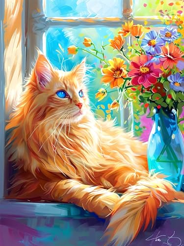 Diamond Painting Erwachsene, DIY Diamant Painting Bilder Katze, Vollbohrer Blume Diamant Malerei Malen Nach Zahlen Cross Stickerei Bastelset Erwachsene, für Geschenk, Wanddeko Wohnzimmer 90x120 cm R-0 von ADCCAT