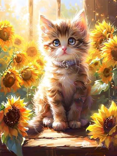 Diamond Painting Erwachsene, DIY Diamant Painting Bilder Katze, Vollbohrer Sonnenblume Diamant Malerei Malen Nach Zahlen Cross Stickerei Bastelset Erwachsene, für Wanddeko Wohnzimmer 90x120 cm M-8 von ADCCAT