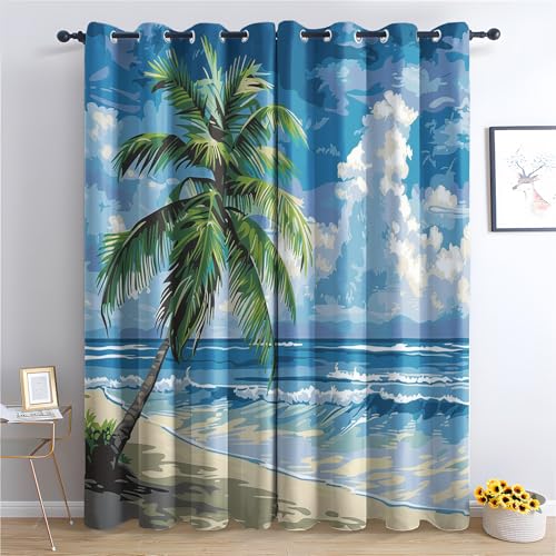 ADEIRO Strand Vorhänge, Tropisch Palmen Gardinen Verdunklungsvorhänge mit Ösen für Wohnzimmer Schlafzimmer Deko, 2er Set Fenster Vorhang Blickdicht mit Muster 245x140 cm (HxB) von ADEIRO