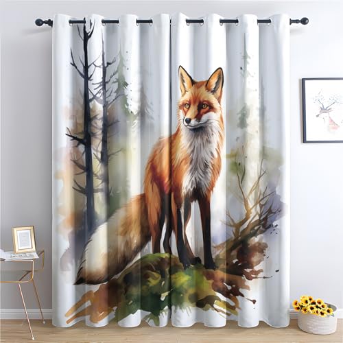 ADEIRO Vorhänge Fuchs, Wald Wildlife Vorhang Blickdicht Verdunklungsvorhänge mit Ösen für Wohnzimmer Schlafzimmer, 2er Set Gardinen Curtains 166 x 75 cm (H x B) von ADEIRO