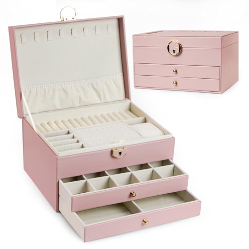 AdelDream Schmuckkasten dreistöckige Schmuckbox Schmuckschatulle mit linearem Design Schmuckaufbewahrung Geburtstags- und Feiertagsgeschenk für Damen Tochter und Freunde Rosa von ADEL DREAM