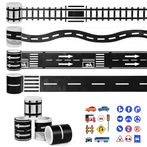 ADERTOS 4 Rollen Road Tape Autobahn Selbstklebend Straßenband Tape 5cmx5m Washi Tape Kinder Straße Straßenband Kleber Eisenbahnen Klebeband mit Verkehrszeichen Aufkleber für Kunst, DIY Handwerk von ADERTOS