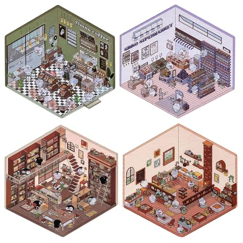 ADFUGE 4 Sets DIY 3D House Stickers, 3D House Sticker Scene DIY Miniature Scene, Korean Cartoon Miniature Scene Stickers 3D Stacking Three-Dimensional House Landscaping Scene Stickers (Set C) von ADFUGE