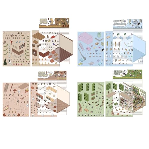 ADFUGE 4 Sets DIY 3D House Stickers, 3D House Sticker Scene DIY Miniature Scene, Korean Cartoon Miniature Scene Stickers 3D Stacking Three-Dimensional House Landscaping Scene Stickers (Set D) von ADFUGE