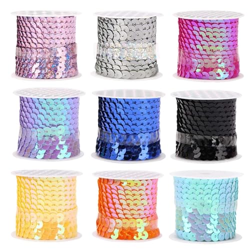 9 Rollen Pailletten Band 6mm Flache Glitzerband Borten, 4.5m Paillettenband, Bunte Pailletten Bänder, Paillettenrolle für Nähen, Schmuck Machen, Basteln, Kleid Dekorieren von ADNOX