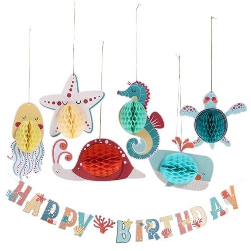 ADOCARN Seestern- Seepferdchen-wabenbälle 7 Stück Geburtstagsdekoration für Jungen und Mädchen Happy Birthday-Banner Partyzubehör von ADOCARN