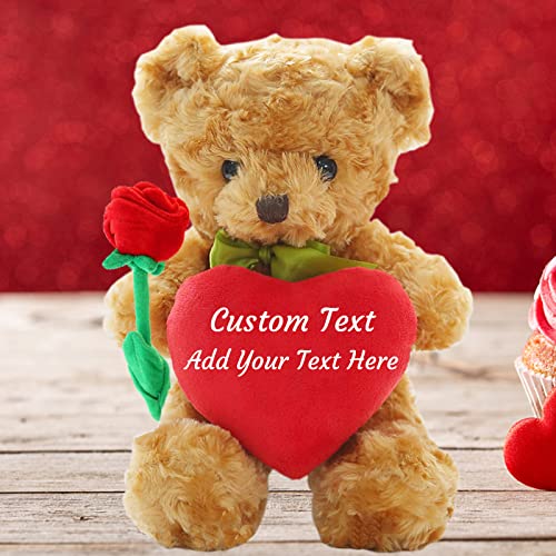 ADORSUN Personalisierter Teddybär mit Herz, Teddybär mit Text Auf Herz mit Rose und Schleife, ValentinsGeschenke Geburtstagsgeschenk für Frauen Es Mir Leid Geschenke für sie (25 cm) von ADORSUN