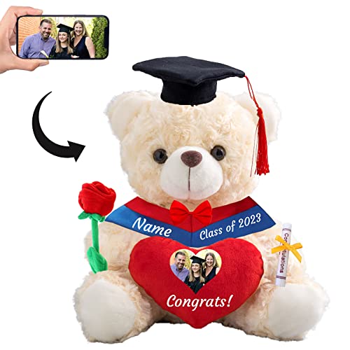 GraduationBär mit Herz Personalisierte Graduation Geschenke mit benutzerdefinierten Text+Foto, Teddybär als Schulabschluss Geschenk für sie 2024 Oberschule Graduation Geschenke (20-cm-Text+Foto) von ADORSUN