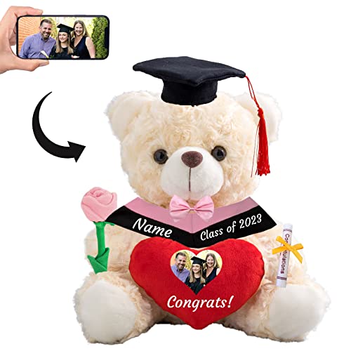 GraduationBär mit Herz Personalisierte Graduation Geschenke mit benutzerdefinierten Text+Foto, Teddybär als Schulabschluss Geschenk für sie 2024 Oberschule Graduation Geschenke (20cm-Text+Foto) von ADORSUN