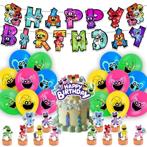 32 Stück Critter-Themen-Geburtstagsdekoration, lächelnde Themenparty, inklusive Geburtstagsbanner, Latex-Luftballons, Cupcake-Topper, für Tiere, kreative Party, Geburtstag, Party, Weihnachtsbedarf, von ADQPPUHR