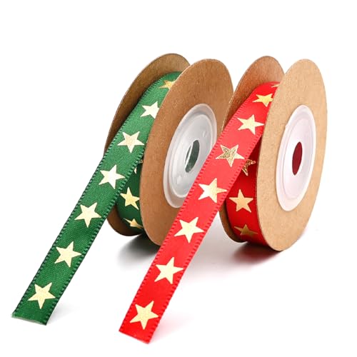 2 Rollen 10 mm 4,5 m Gold Stern Rot Grün Handwerk Baumwollband, Geschenkseil Frohe Weihnachten Muster für DIY Geburtstag Geschenk Paket Favor Party Dekorationen von ADQUATOR