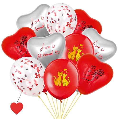 20 Stück 4 Stile Rot-Silber Konfetti Herz Luftballons Adquator 30,5 cm Katze Rose Latex Ballon Love Is All Around für Hochzeitstag Muttertag Geburtstag Party Dekorationen von ADQUATOR