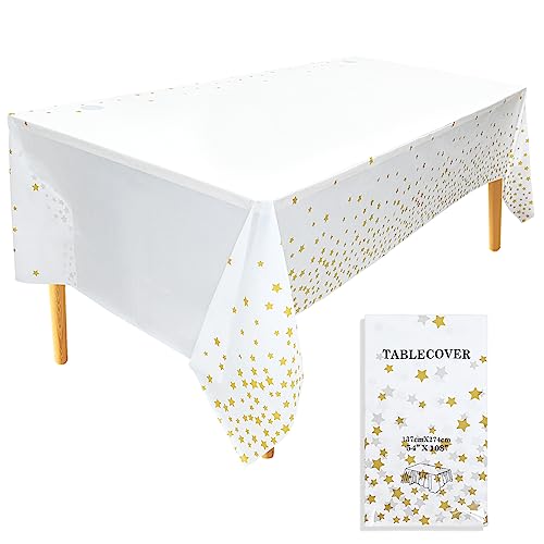 ADQUATOR 1 x Goldsterne 137 x 274 cm weiße Kunststoff-Tischdecke, Konfetti-Tischdecke, rechteckige Party-Tischdecke für Picknick, Babyparty, Halloween, Weihnachtsdekorationen von ADQUATOR