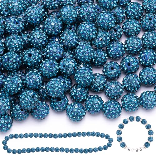 120 Stück 10 mm Strassperlen zum Basteln, blaue Zirkonia, glänzende runde Shamballa-Discokugel-Perlen, ausgefallene funkelnde Kristall-Ton-Perlen für Halsketten, Armbänder, Ohrringe, von ADSUBHSJFAKK