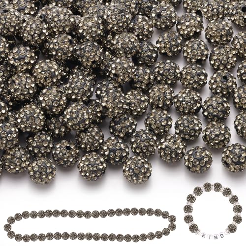 120 Stück 10 mm Strassperlen zum Basteln, graue, glänzende runde Shamballa-Discokugel-Perlen, ausgefallene funkelnde Kristall-Ton-Perlen für Halsketten, Armbänder, Ohrringe, Schmuckherstellung und von ADSUBHSJFAKK