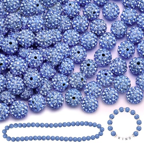 120 Stück 10 mm Strassperlen zum Basteln, hellblau glänzende runde Shamballa-Discokugel-Perlen, ausgefallene funkelnde Kristall-Ton-Perlen für Halsketten, Armbänder, Ohrringe, Schmuckherstellung und von ADSUBHSJFAKK