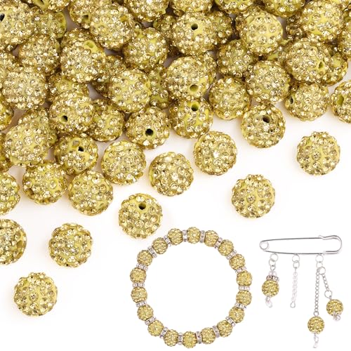 200 Stück 10 mm hellgelbe Strassperlen zum Basteln, glänzende runde Shamballa-Discokugel-Perlen, ausgefallene funkelnde Kristall-Ton-Perlen für Halsketten, Armbänder, Ohrringe, Schmuckherstellung und von ADSUBHSJFAKK