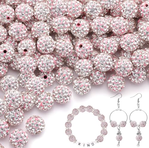 200 Stück 10 mm rosa weiße Strassperlen zum Basteln, glänzende runde Shamballa-Discokugel-Perlen, ausgefallene funkelnde Kristall-Ton-Perlen für Halsketten, Armbänder, Ohrringe, Schmuckherstellung und von ADSUBHSJFAKK