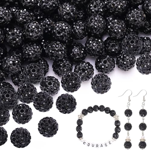 200 Stück schwarze Strassperlen zum Basteln, glänzende runde Shamballa-Discokugel-Perlen, ausgefallene funkelnde Kristall-Ton-Perlen für Halsketten, Armbänder, Ohrringe, Schmuckherstellung und von ADSUBHSJFAKK