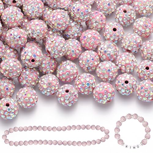 70 Stück 10 mm Strass-Perlen zum Basteln, rosa AB-glänzende runde Shamballa-Discokugel-Perlen, ausgefallene funkelnde Kristall-Ton-Perlen für Halsketten, Armbänder, Ohrringe, Schmuckherstellung und von ADSUBHSJFAKK