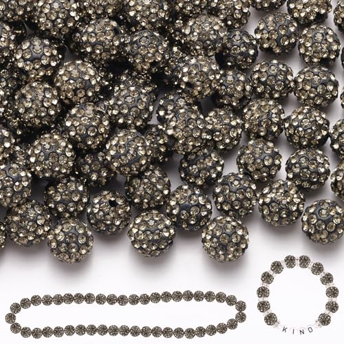 70 Stück 10 mm Strassperlen zum Basteln, graue, glänzende runde Shamballa-Discokugel-Perlen, ausgefallene funkelnde Kristall-Ton-Perlen für Halsketten, Armbänder, Ohrringe, Schmuckherstellung und von ADSUBHSJFAKK