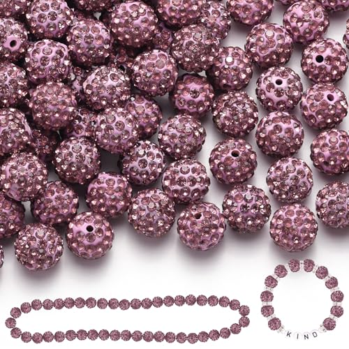 70 Stück 10 mm Strassperlen zum Basteln, hellviolett, glänzend, rund, Shamballa-Discokugel-Perlen, ausgefallene funkelnde Kristall-Ton-Perlen für Halsketten, Armbänder, Ohrringe, Schmuckherstellung von ADSUBHSJFAKK