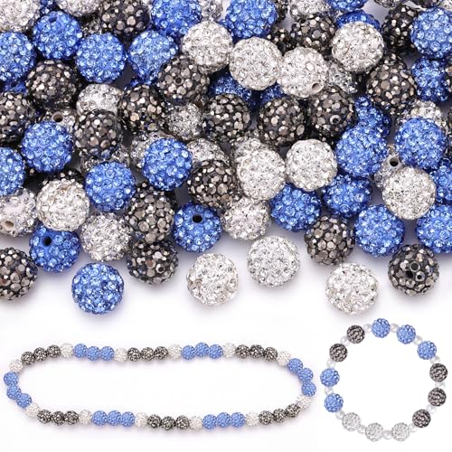 90 Stück 10 mm Strassperlen zum Basteln, Häma + Weiß + Hellblau Glänzende runde Shamballa-Disco-Perlen für Halsketten, Armbänder, Ohrringe, Schmuckherstellung und DIY-Dekoration von ADSUBHSJFAKK