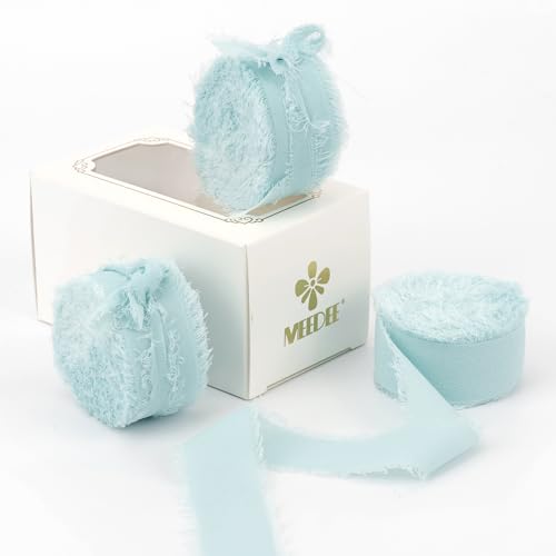 Aqua-Chiffonband, 2,5 cm, Fransenband, blaues Chiffon-Seidenband, ausgefranster Rand, dünne Chiffonbänder für Bastelarbeiten, Geschenkverpackungen, Hochzeitseinladungen (3 Rollen, 21 Yards) von ADSUBHSJFAKK