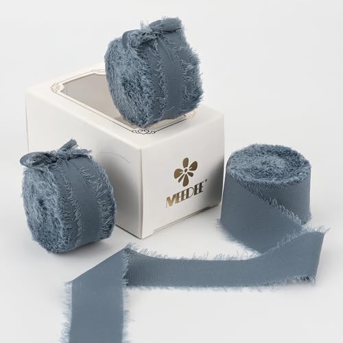 Dusty Blue Chiffonband, 2,5 cm, Fransenband, Schieferblau, Chiffon-Seidenband, ausgefranster Rand, dünne Chiffonbänder für Handwerk, Geschenkverpackung, Hochzeitseinladung (3 Rollen, 21 Yards) von ADSUBHSJFAKK