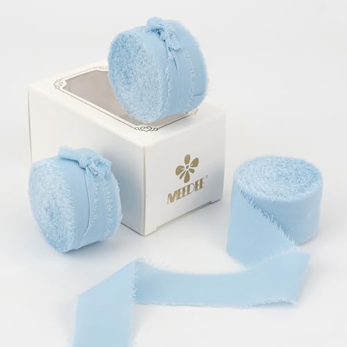 Hellblaues Chiffonband, 2,5 cm, Fransenband, babyblau, Chiffon-Seidenband, ausgefranster Rand, dünne Chiffonbänder für Bastelarbeiten, Geschenkverpackungen, Hochzeitseinladungen (3 Rollen, 21 Yards) von ADSUBHSJFAKK