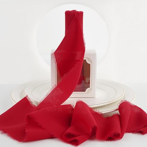 Rotes Chiffonband, 7,6 cm, rotes ausgefranstes Chiffon-Seidenband, rotes Fransenband, breite Chiffonbänder für Bastelarbeiten, Blumenstrauß, Hochzeitsgeschenke, Verpackung (2 Rollen 9,1 m) von ADSUBHSJFAKK