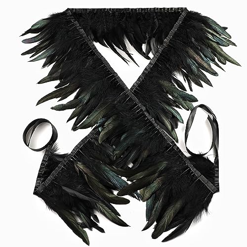 Schwarzer Hahnfeder-Besatz – 12,7–17,8 cm, natürliche Hahnenfedern, Fransenborte für Gothic-Feder, Schal, Umhang, Rock, Kleid und Halloween-Krähe Kostüm-Dekoration (schwarz) von ADSUBHSJFAKK