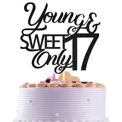 Young and sweet only 17 Cake Topper, 17th Birthday Cake Topper, Hello 17 Cake Decoration, 17 Years Birthday Anniversary Party Decorations Black Glitter von ADTEMP