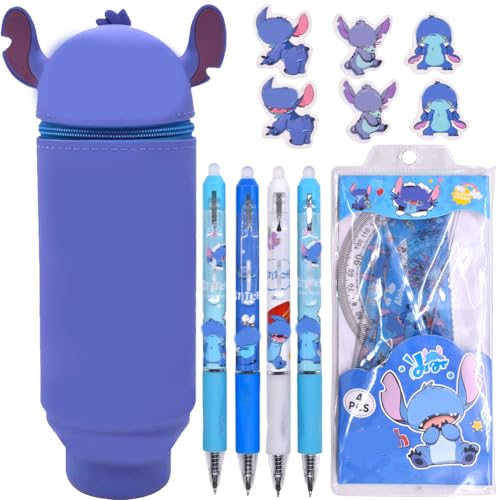 ADYEKSD 2 in 1 Weiche Silikontasche Federmäppchen, 4 Stück Cartoon Radierstift Kugelschreiber, 4 Lineal-Set, 6 Radiergummi, Kawaii, mäppchen, Reißverschluss mit 0.5mm Schwarz löschbaren Gelstiften von ADYEKSD