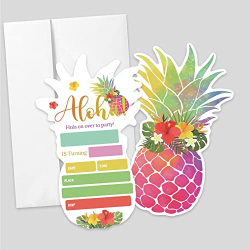 AEHIE 20 Sets Hawaii-Ananas-Party-Einladungen mit Umschlägen, Aloha-Sommer-Schwimmbad-Party, doppelseitig bedruckt, Einladungskarten für Teenager, Kinder, Erwachsene, Sommer-Geburtstagseinladungen von AEHIE