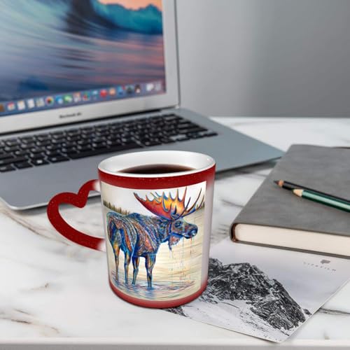 AELKSP Kaffeetassen – Farbwechseltasse, Magic Mug,Thermobeschichtung, 335ml, Keramik - Geschenkidee Männer, Frauen,Wunderschönes Elchbullenbild im See. Mit Acrylfarben gemaltes Bild. von AELKSP