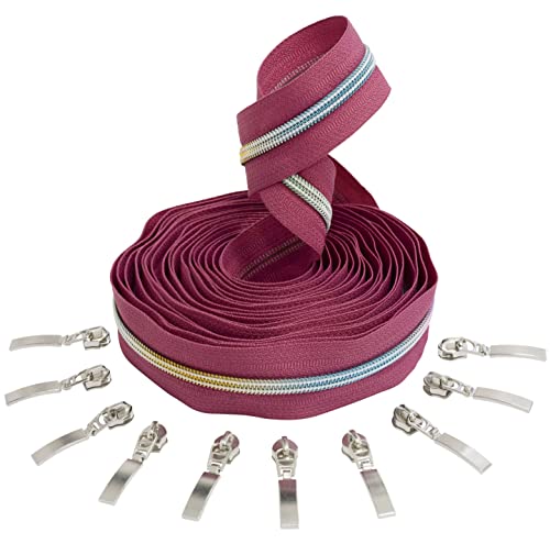 AERZETIX - C62491x5-C62942x10 - Set mit Spiralreißverschluss 5m Nr. 5 Farbe: Magenta/Regenbogen + 10 Nicht verriegelbare Schieber Nr. 5 Farbe: Silber - gerade - Nylon/Metall von AERZETIX