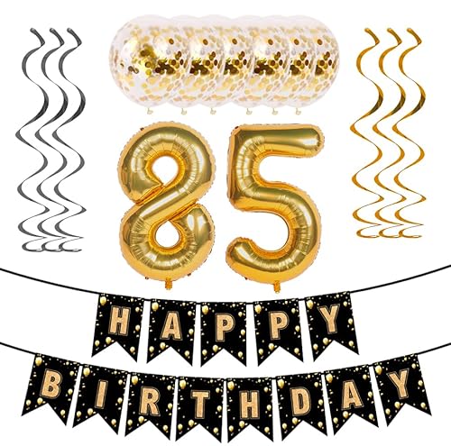 AERZETIX Happy 85th Birthday Gold Balloon Swirls Streamers Dekorations Set – Happy Birthday Gold Glitter Bunting Banner, Cheers to 85 Years old 85th Bday Party Dekorationen. [Vorbespannt] von AERZETIX