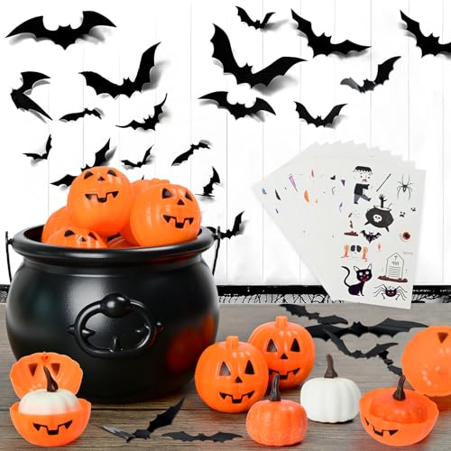 AEUEFUEA 59-teiliges Halloween-Outdoor-Zubehör-Set mit Kessel, 19,1 cm, Aufkleber, 3D-Fledermaus-Dekor, künstliche kleine Kürbisse und Kürbis-Süßigkeiten-Box, DIY-Zubehör, für Party-Dekoration, von AEUEFUEA