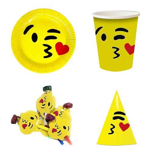 AEX Wink Kiss Emoji Party Bundle - 10 Pappbecher, 10 Pappteller, 10 Partyhüte, 5 Blowouts - Lustiges Emoji-Design für Geburtstag, Jubiläum & Feiern Partys von AEX