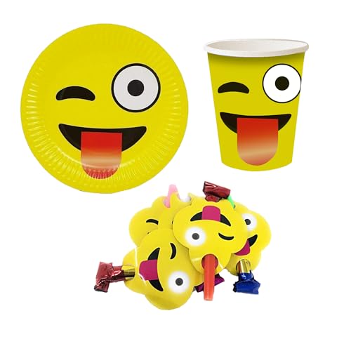 AEX Wink Tongue Emoji Party Bundle - 10 Pappbecher, 10 Pappteller, 5 Blowouts - Lustige & verspielte Emoji-Partyzubehör für Geburtstags- & Themenveranstaltungen von AEX