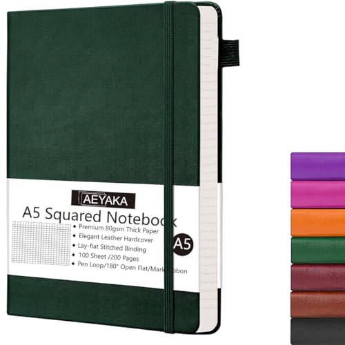 AEYAKA Kariert Notizbuch A5 Journal Notizbuch A5 Kariert Tagebuch Hardcover und Elastischem Verschlusst Stifthalter PU-Lederhülle Thick 80gsm Paper, 15 x 21 cm von AEYAKA