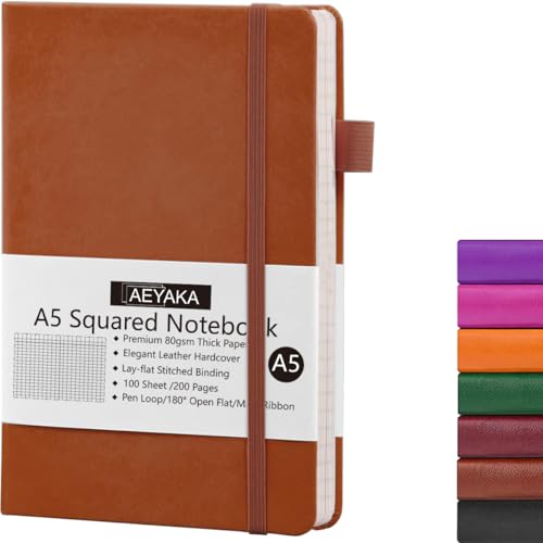 AEYAKA Kariert Notizbuch A5 Journal Notizbuch A5 Kariert Tagebuch Hardcover und Elastischem Verschlusst Stifthalter PU-Lederhülle Thick 80gsm Paper, 15 x 21 cm von AEYAKA