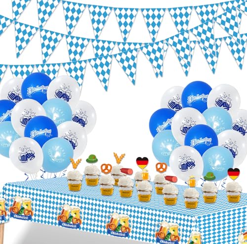 AEYAKA Oktoberfest Deko Set Oktoberfest Party Banner, Oktoberfest Tischdecke, 20 Luftballons, 12 Kuchendekoration, Girlande & Kuchendekoration für Bayrische Party Dekoration & Bierfest von AEYAKA