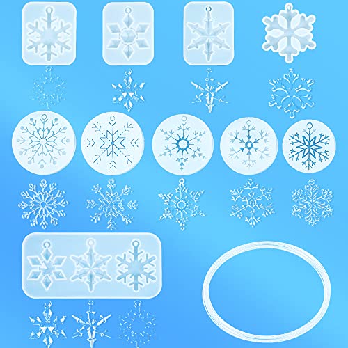 AFASOES 10 Stück Weihnachten Schneeflocken Harzformen mit 100 M Nylon Seil Resin Mold Silikonform Schneeflocke Schmuck DIY Epoxidharz Formen Weihnachten Anhänger Harz Formen für Modellieren & Gießen von AFASOES