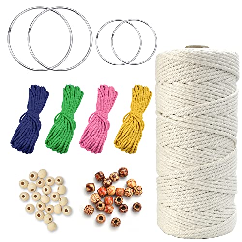 AFASOES Makramee Garn set 3MM*100M Baumwollgarn Makramee Garn Traumfänger 100 Holzperlen Metallringe Makramee mit 4 Bunte 10M Baumwollseile Baumwollkordel Basteln für Traumfänger Dreamcatcher Handwerk von AFASOES