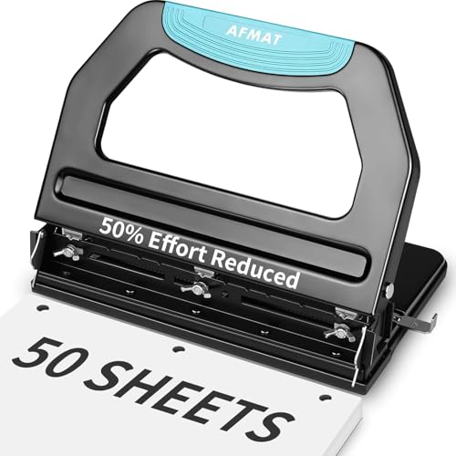 AFMAT Robuster 3-Lochstanzer, 50 Blatt, 2-Lochstanzer, 50 % reduzierter Aufwand, 3-Lochstanzer, verstellbarer 3-Loch-Locher, 2-Loch-Papierstanzer aus Metall, Büro-Papierstanzer mit großer Spanablage, von AFMAT