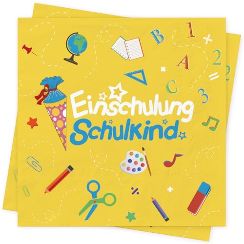 3-lagig Servietten Schulanfang Schuleinführung Einschulung Deko Tischdeko Einschulung Schuleinführung mit Zuckertüte und ABC Schulanfang Servietten Schulkind für Mädchen Jungen 33x33cm (20Stück) von AFYHH