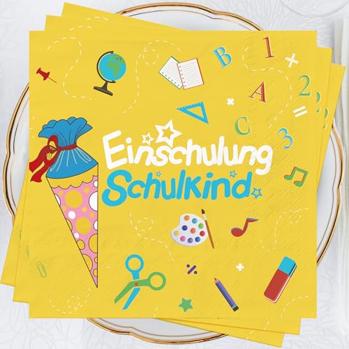 Servietten Schulanfang Schuleinführung Einschulung Deko - 40Stück 3-lagig Papierservietten Tischdeko Einschulung Schuleinführung mit Zuckertüte ABC Schulanfang Servietten Schulkind für Mädchen Jungen von AFYHH